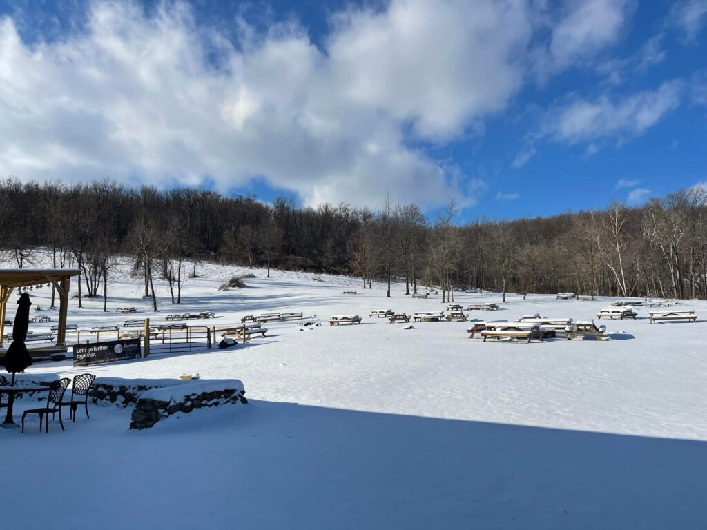 Lots of beer and snow to enjoy! Our gravel parking is a little slick but we’re o